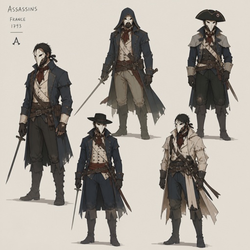 Male assassin, French, mask, multiple of the same character 