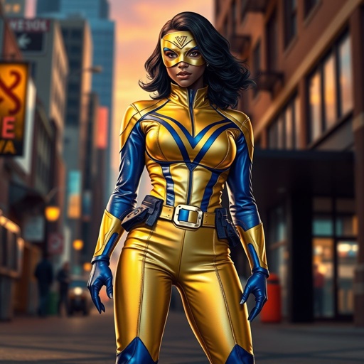 A teenage African American female superhero wearing a domino style mask with slightly curly hair in a shoulder length side part style wearing a polyester and leather gold suit with blue accents gold pants and a stylized V as her chest emblem a utility belt and blue boot heel less standing in Philadelphia