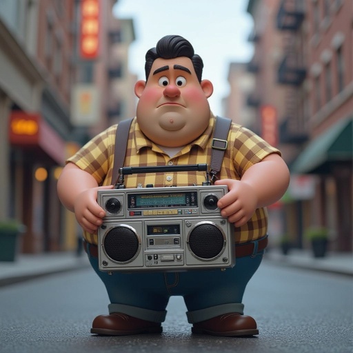 Create a funny fat guy who isnt friendly from New York  has a boom box radio , make it Toy Story graphics  