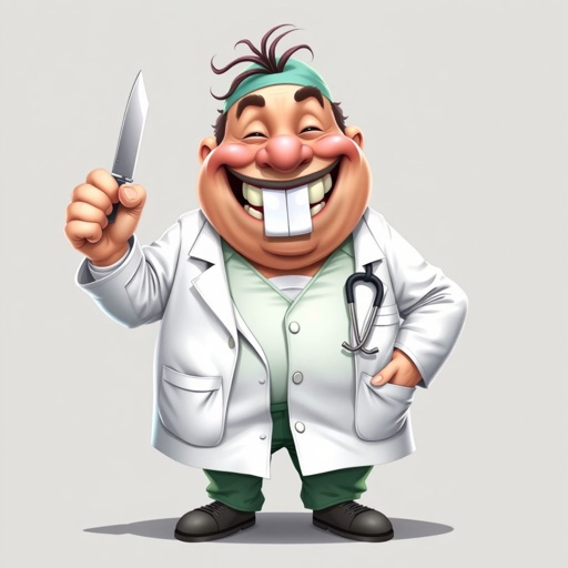 .. create a fat doctor. Who is funny human looking from head to toe. And he always immediately results to surgery for anything even small things. So please be sure to show his whole outfit head to toe. Make him have 1 tooth. Make it more adult humor instead of cartoon humor.