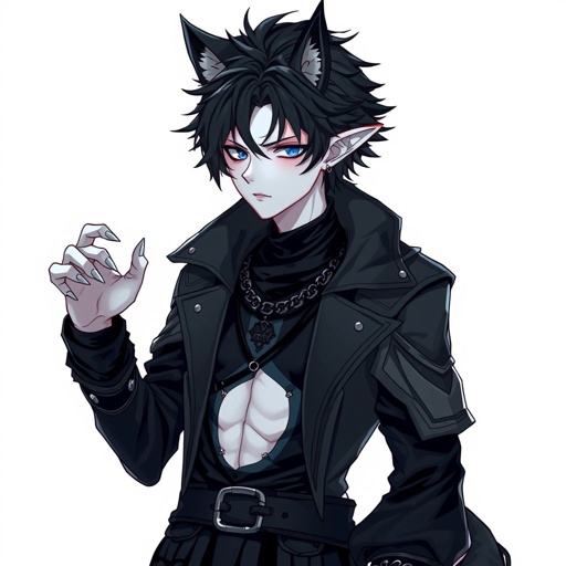 Create in anime style, a teenage adult male human who is gothic and has pale skin and is wearing black attire and has werewolf features including werewolf’s ears and werewolf’s claws and a werewolf’s tail.