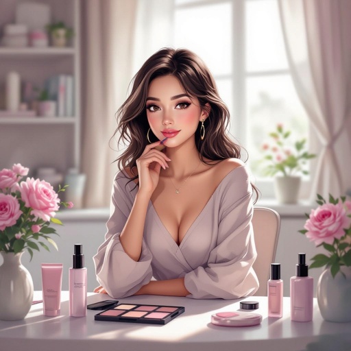 Create a character showing there whole body head to toe, a lady who loves beauty products