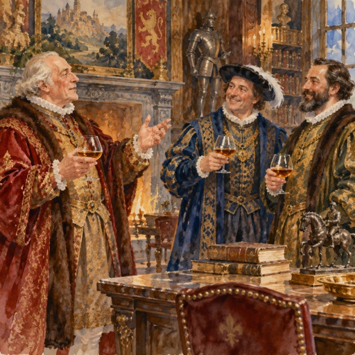 No print dots no speech bubbles vivid colours. Background scene an expensive men’s club for grand one elderly man dressed in ornate Renaissance robes holding a brandy is speaking to two other men sitting opposite him, both dressed in ornate Renaissance robes one is wearing a hat. The other has a beard. Both are holding glasses of Brandy and smiling.