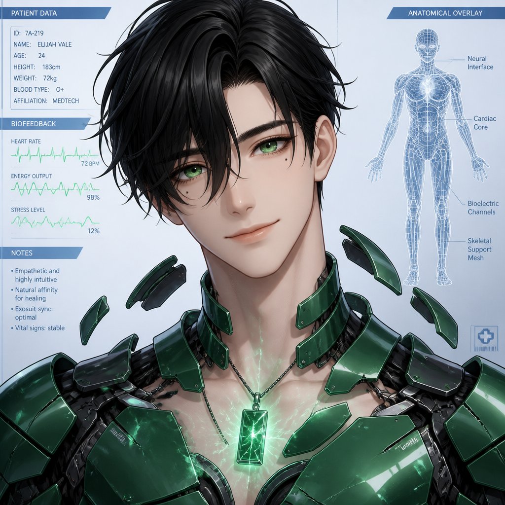 Anime male in his 20s part Asian part white pale skin black hair a little more on his right side one side a little in his face has a beauty mark on left side of face bright green eyes creates and can control technology, creates a armor suit with his technology power power is color green with a soft sweet smile has a nice green rectangle jewelry necklace with electricity around him kind hearted happy family and try saving people with his powers creating his suit by floating metal pieces