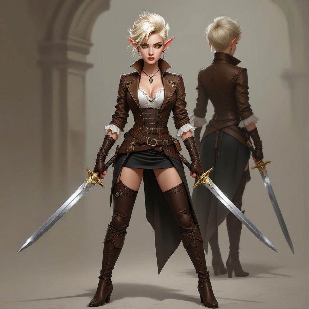 “A semi-realistic fantasy painting of Ffionna Baelyn, the High Elf assassin, seated at the bar inside the Shallow End Inn. She sits on a wooden stool with one leg crossed over the other in a relaxed, confident posture. Her cropped brown leather jacket, white lace-trimmed blouse, short black fitted skirt, and thigh-high brown boots are all part of her locked outfit. Her twin short swords rest within reach, gleaming faintly in the lanternlight. The inn’s wooden counter, hanging bottles, and swamp-reflected glow set a moody, humid atmosphere, capturing her calm watchfulness rather than flirtation.” Prompt — “Ffionna Baelyn (Appearance-Only Canon)” A semi-realistic fantasy portrait of a female High Elf assassin with a blonde pixie cut, fair ivory skin with warm undertones, and sharp green eyes flecked with gold. She has pointed ears and an elegant, athletic build. She wears a cropped brown leather jacket fitted to her waist with brass buckles and stitching detail, over a white sheer-lace blouse with a delicate neckline. A short, black fitted leather skirt sits high on her waist, sleek and practical. Her gloves are fingerless brown leather; her thigh-high boots match in brown leather with subtle shine and high, narrow heels. Her twin short swords are polished steel with gold-filigree guards and brown leather-wrapped hilts, worn symmetrically at her hips. Her stance or posture should convey poised confidence—alert but graceful, befitting a professional assassin. Lighting neutral and even, showing full-body proportions (8-heads rule), semi-realistic painterly fantasy style.