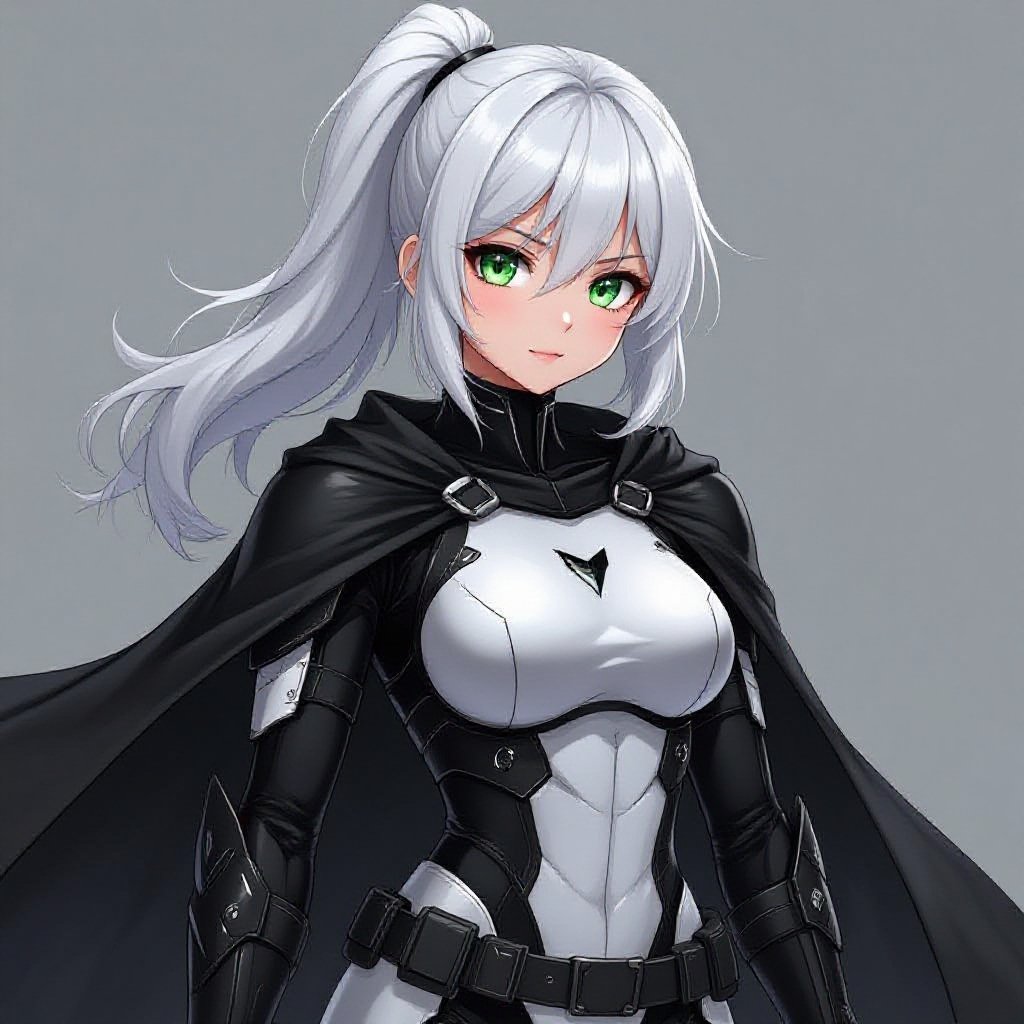 Girl. Superhero. Wearing black and white armored suit with cape. White hair tied back in a half ponytail. Large Green eyes. Short and strong build.