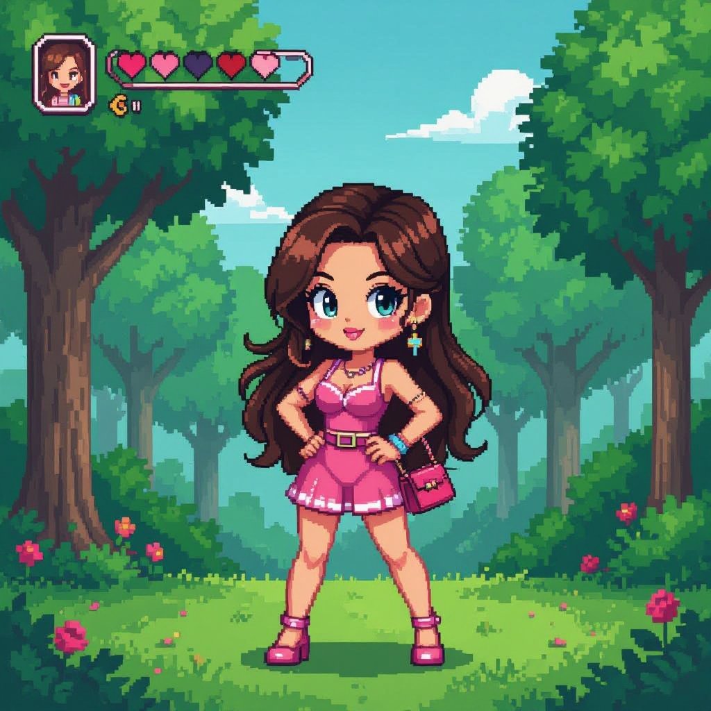 Create a character lady who is funny but about fashion and loves lipgloss