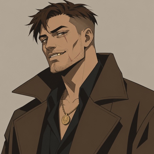 Male, brown choppy hair undercut, gold tooth, scar under eye, scar on cheek, cheekbones, late 30s, brown long jacket, necklace, smirk