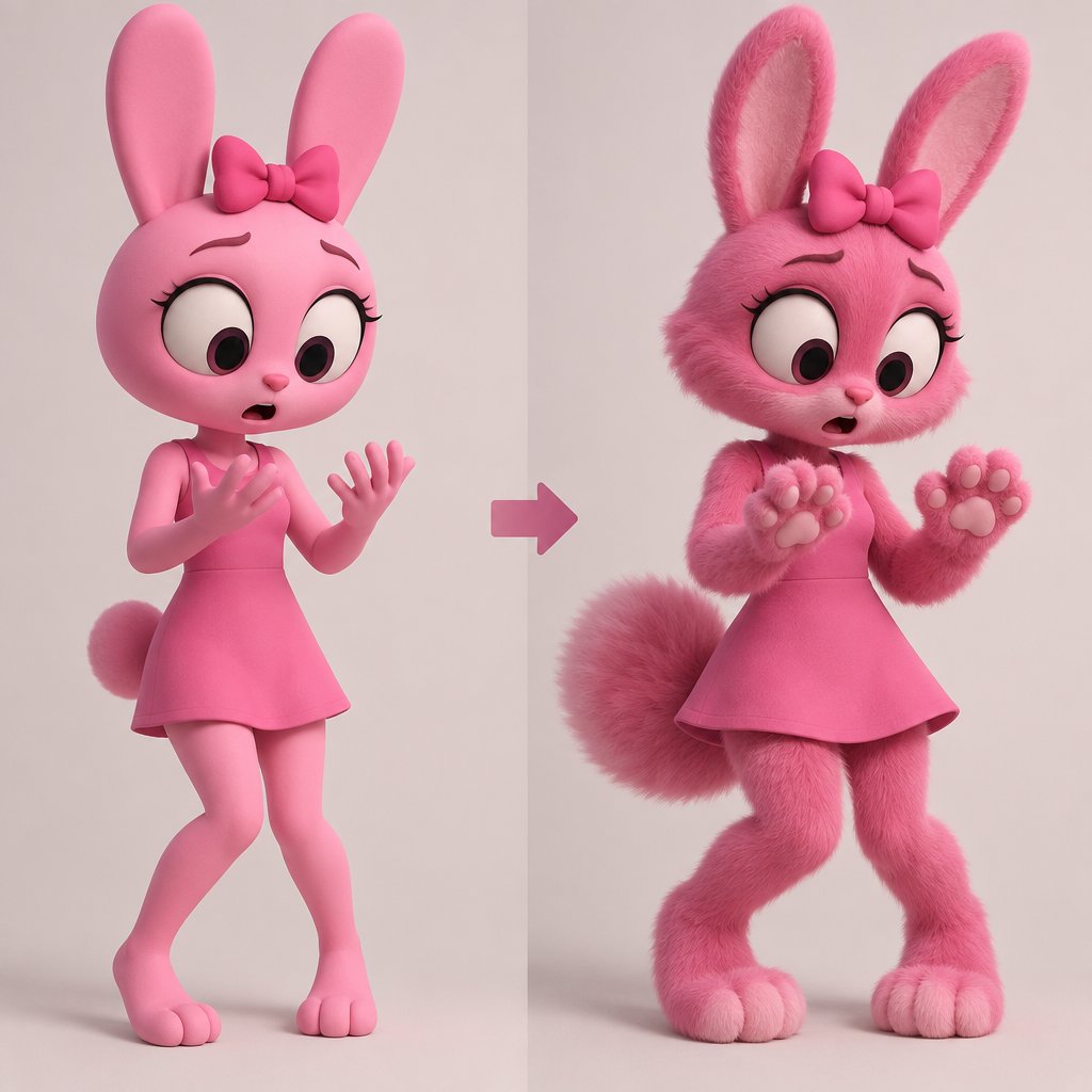 Pinki from Sprunki as her kind wererabbit self realising that her fur is getting darker and fluffier with her hands and feet turning more paw like with her noticing that her tail is entering the second stage of her transformation into a wererabbit