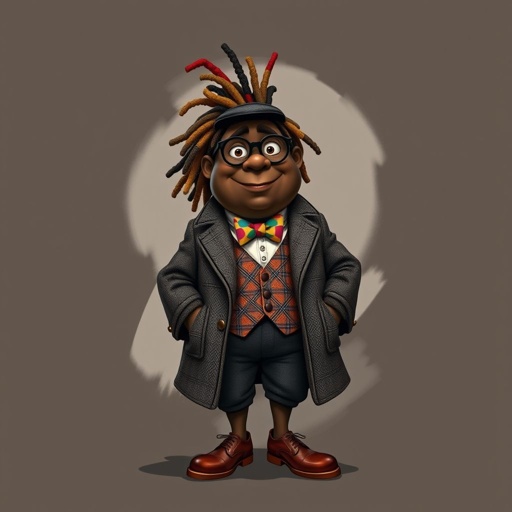 Create a funny fat character similar to Sherlock Holmes, but make him of black decent and with dread locks. Show his whole outfit including his shoes.