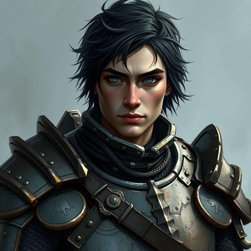 Black short feathered hair sea green eyes Caucasian in damaged tarnished knight armor 