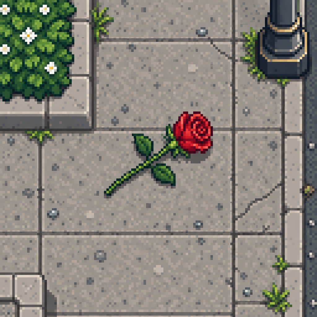 Rose for a fantasy game set in modern times, exterior, top-down style,