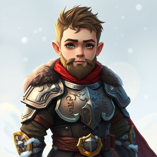 Young dwarf paladin boy. No or very small beard Short hair. Winter clothes and breastplate. Good neutral
