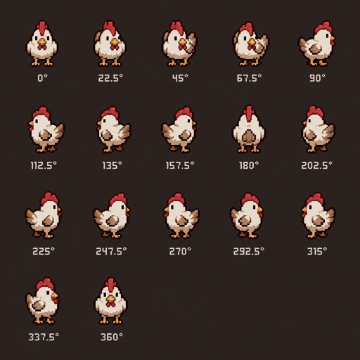 Chicken for a fantasy game set in modern times, top-down style, 360, different colors