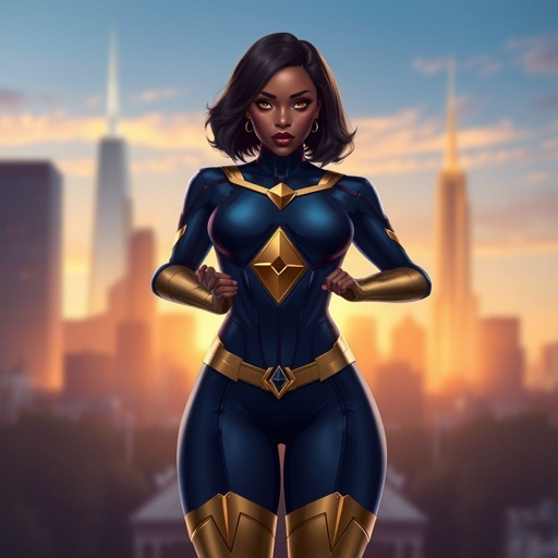 African American female superhero with hair in a shoulder length side part hairstyle with pure Gold Glowing eyes wearing a navy blue and gold accented suit with navy blue pants and gold knee length boots with a diamond with the top half gold and the bottom half black as her chest emblem in Philadelphia