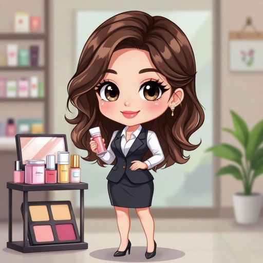 Create a business owner character showing there whole body head to toe, a lady who loves beauty products  