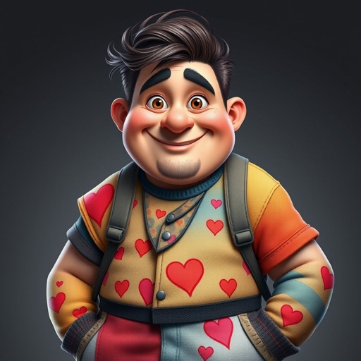 Create a adult character head to toe and full body. who is chunky , funny looking but swears he’s a lover boy.