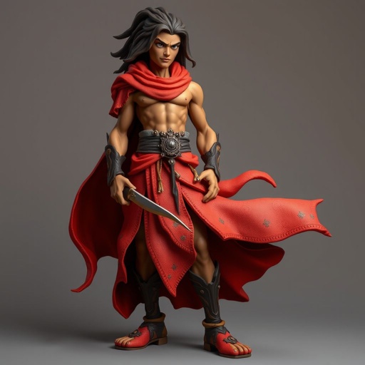 Create handsome hero Rhen the Fire – A lean, muscular man. He wears layered, flowing desert robes dyed in warm reds and golds, with scorch marks where flames have licked them. A curved blade hangs at his hip. Show whole body head to toe including her shoes.