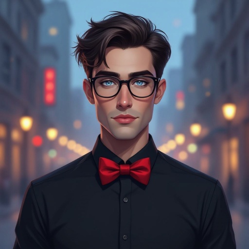 Mężczyzna o krótkich, ciemnobrązowych, włosach. Gładko ogolony.  niebieskie oczy. Ubrany w czarną koszulkę z czerwoną muszką. Duże okulary z szerokimi oprawkami. Podłużna twarz. Bardzo wysokie czoło. Zakola. Wąskie usta, Brwi opadające na końcach. Przymknięte oczy. Bez kolczyków