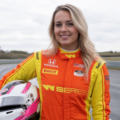 A white girl in an orange and yellow racing uniform 