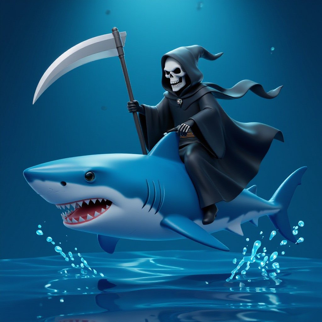 The grim reaper riding a blue shark