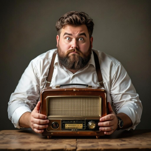 Create a funny fat guy who is has a book box radio 