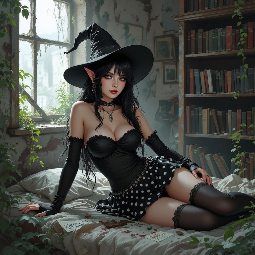 Dark Brunette Elf Witch Librariani with With Hat. Strapless Bathing Suit Top and Black and white Polka Dot Mini Pencil Skirt laying on Library Bed
