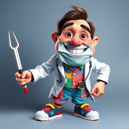 create a doctor. Who is funny human looking from head to toe. And he always immediately results to surgery for anything even small things. So please be sure to show his whole outfit head to toe. Make him have only 1 tooth