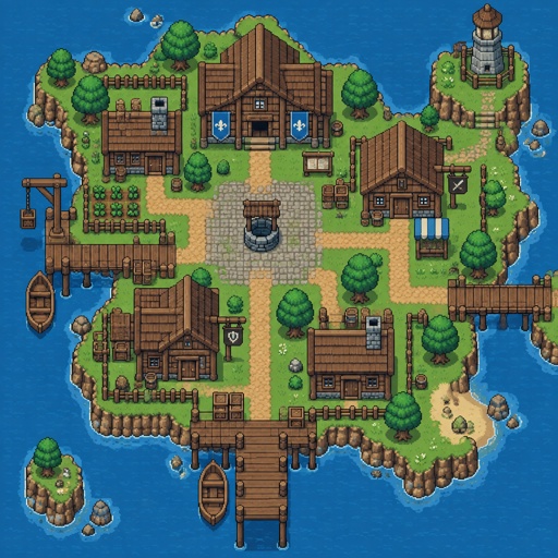 Empty old wood village on island for a fantasy game set in modern times, exterior, top-down style,