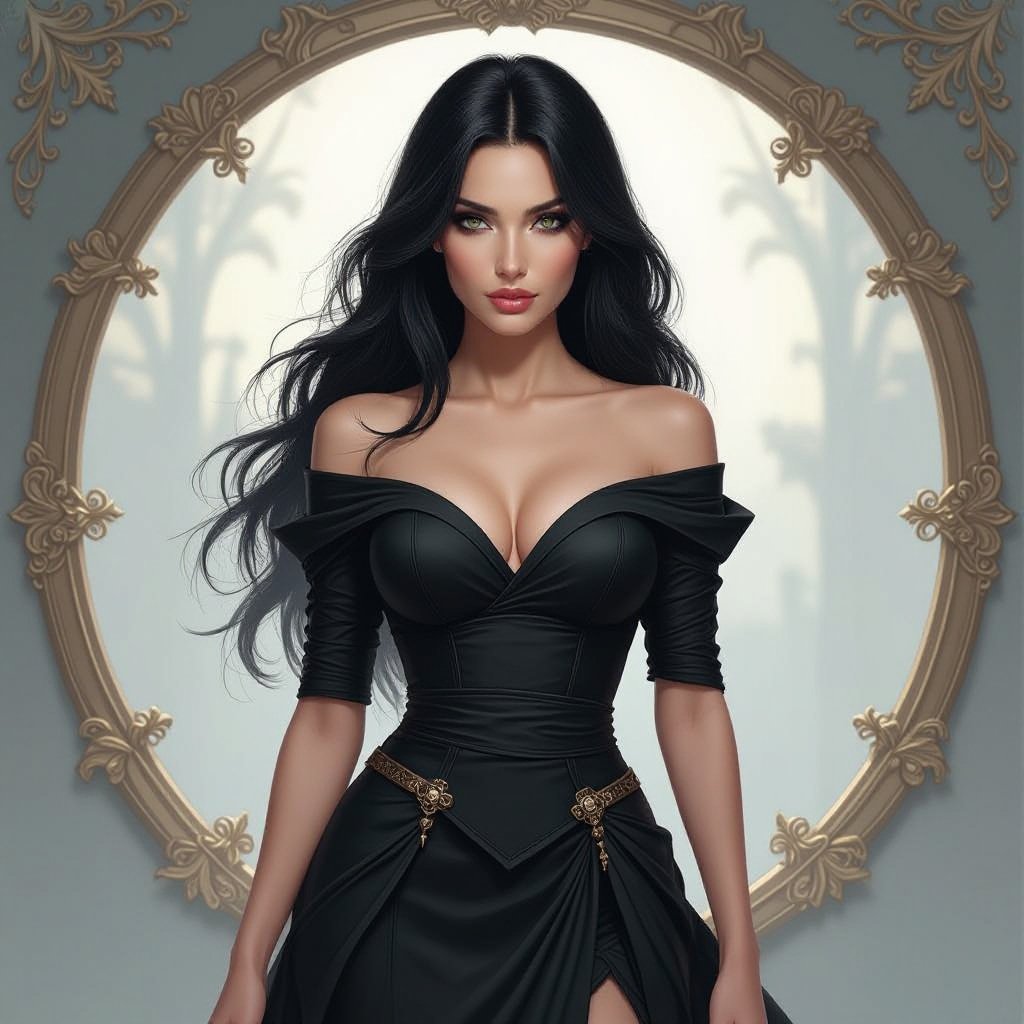 Show character head to toe. Create a mid age fantasy woman jet-black hair is cut sharpand her eyes seem to pierce through darkness. A shadowy aura clings to her form,