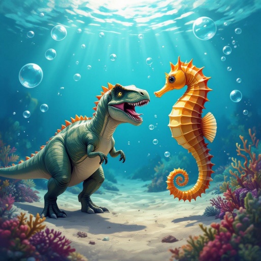 Dinasour fighting a seahorse with bubbles everywhere