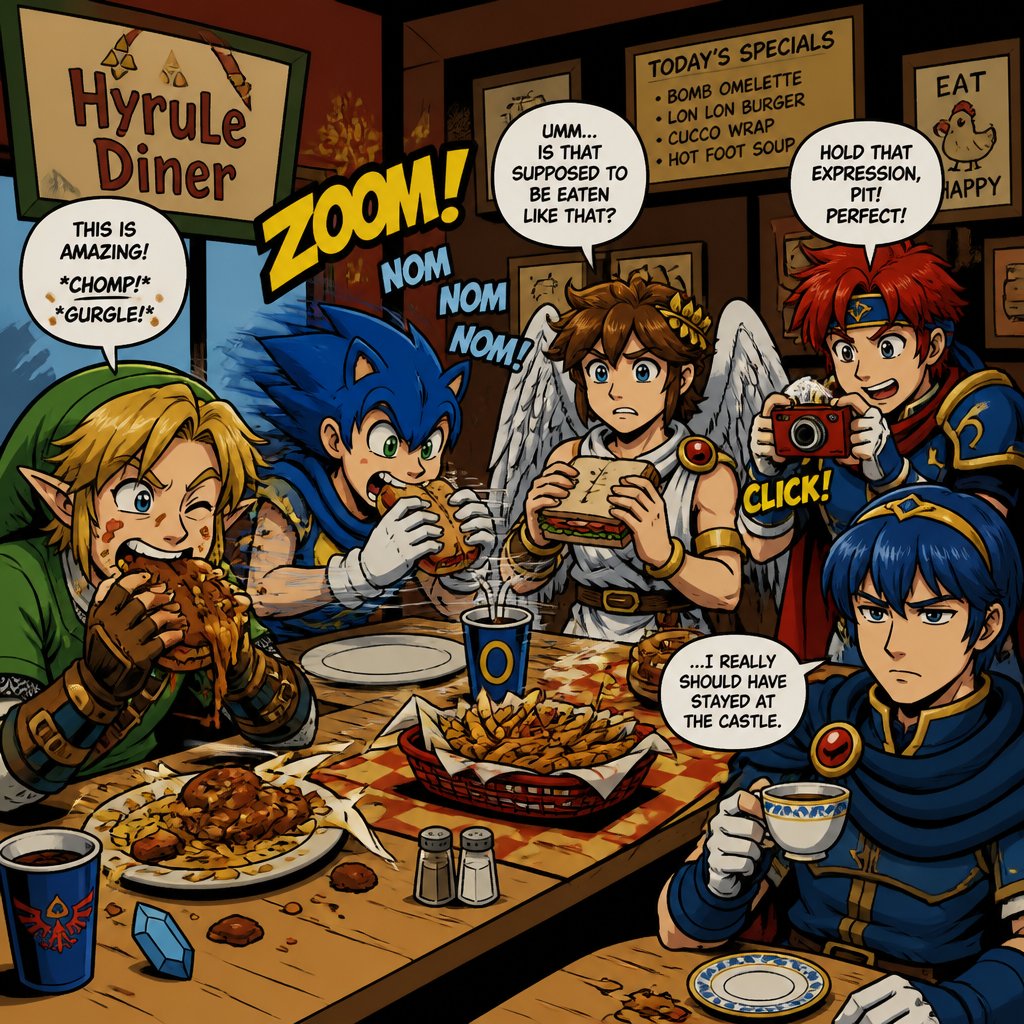 Super smash brothers link from legend of Zelda, pit from kid Icarus, and sonic the hedgehog as a human,Marth from fire emblem,Roy from fire emblem, in a restaurant Sonic eating really fast,link eating like a slob and pit just holding his sandwich being weirded out, Roy taking a picture of everyone, and Marth holding tea looking annoyed