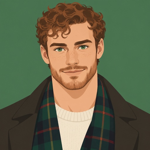 Male Scottish,short curly hair,green eyes,strong and soft 