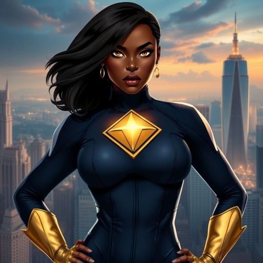 African American female superhero with hair in a shoulder length side part hairstyle with pure Gold Glowing eyes wearing a navy blue and gold suit with navy blue pants and gold knee length boots with a diamond with the top half gold and the bottom half black as her chest emblem in Philadelphia