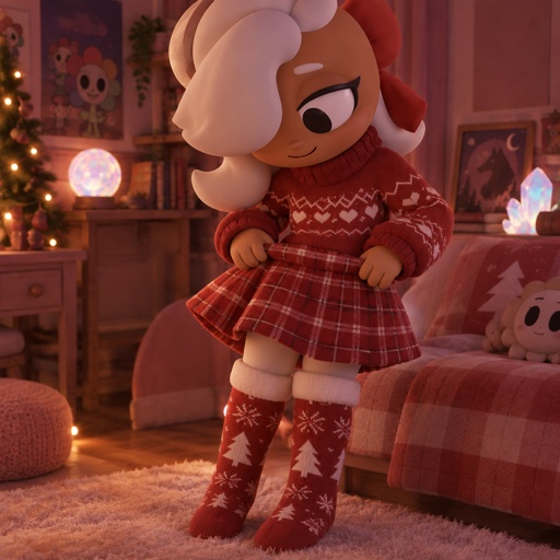 a little girl in a red dress standing in a living room