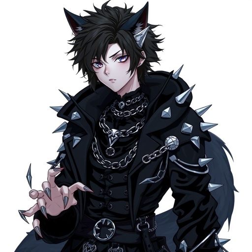 Create in anime style, a young adult, pale skinned, gothic male human wearing black attire and has werewolf features including werewolf’s ears and werewolf’s claws and a werewolf’s tail.