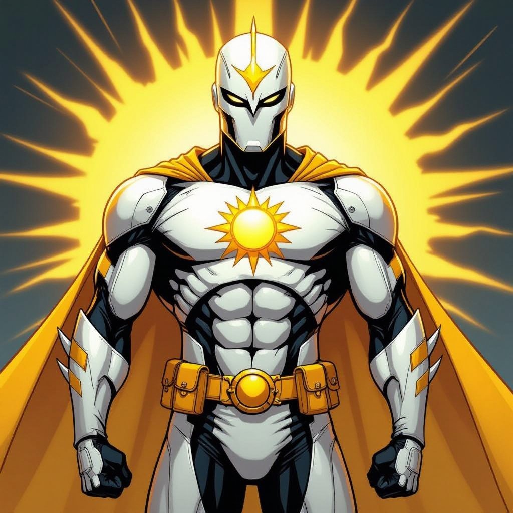 Solar Soldier Super Hero. Half Helm. No Cape. bright Whites and yellows, slender but muscular,  insignia of the sun on his chest