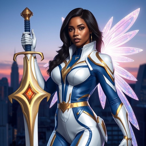 African American female superhero with shoulder length hair in a side part style and holographic wings wearing a homemade white and blue suit with gold accents and blue pants with a stylized V as her chest emblem wearing gold flat boots made of gold fire holding a large glowing broadsword in her hands standing in Philadelphia at dusk