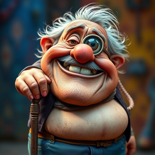 Create a funny old character who has 1 eye patched. Make him fat with a cane