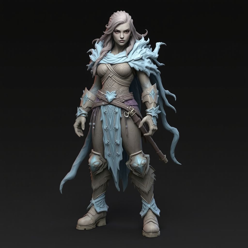 Create a battle woman hero called Alvara the Frostheart. Show full body head to toe including shoes