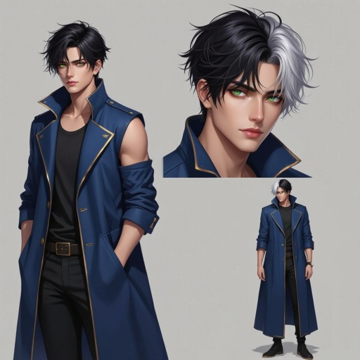Male 19-year old with dark hair with a streak of white in his hair with one green eye and one black eye. He wears a sleeveless blue long coat with a gold outline  