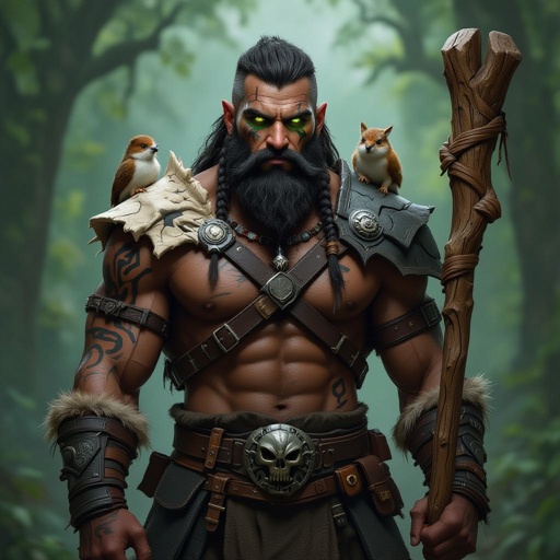 Kael the Beastbound – A rugged, broad-shouldered man with black skin and a rough beard, wearing armor made from bone and leather. deep green eyes tattoos of animal tracks spiral down his arms. He carries a massive wooden staff carved with the shapes of beasts, and small creatures often perch on his shoulders or follow at his feet.