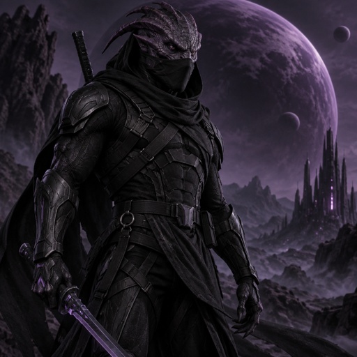 A alien beast in a futuristic black ninja Assassin space suite. On a dark purple planet background 