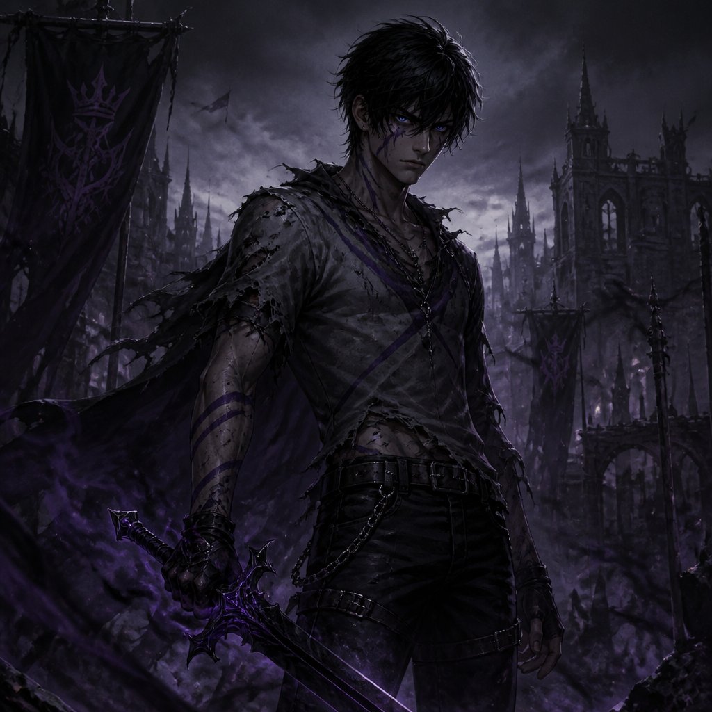 A 17 year old prince who has black hair with purple stripes and blue eyes. He is wearing a gray shirt and black pants. He looks strong and fierce. He holds a sword and looks ready to fight.