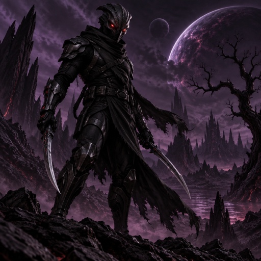 A alien in a futuristic black ninja Assassin space suite. On a dark purple planet background 