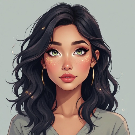 Her skin has the texture of smooth river stone—warm browns streaked with mineral veins that glow faintly when she casts. Her hair falls in heavy, dark waves threaded with tiny flakes of mica. Her eyes are wide, deep, soft; they crackle with buried intelligence like shifting tectonic plates.