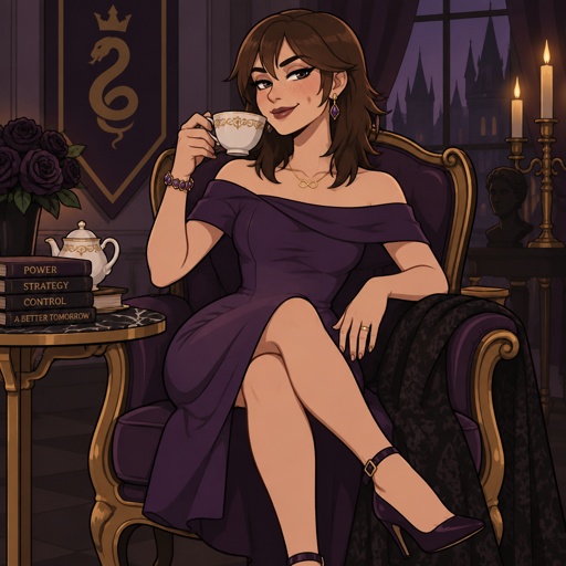 Female, slim, straight brown medium length wolf cut hair, ears covered by hair, freckles, dimples, long eyeliner, upturned nose, drinking tea, bad guy, knee length purple dress off the shoulders, jewelry, necklace infinity symbol, heels, wedding ring, smirk, no cleavage showing
