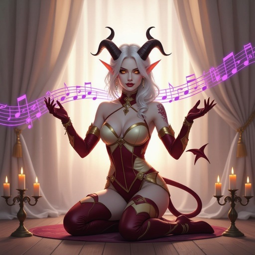 A semi-realistic fantasy portrait of Evangeline Ivey, the Fierna Tiefling Bard of the College of Glamour, performing upon a softly lit stage. The setting is elegant and theatrical — an ivory-curtained stage with warm candlelight spilling from antique candelabras, soft wood flooring, and drifting violet-and-gold ribbons of arcane music winding through the air.  Appearance Her skin is smooth porcelain-pale (#F3EDEB), evenly lit with soft candle glow. Her long silver-white hair (#D6D6DA) cascades down her back in shining waves. She has amber-gold eyes (#C88C21) that glint mischievously beneath long lashes. Across her brow rise dark brown ridged horns (#4A3A2C), symmetrical and cleanly curved back from her forehead. A slender devilish tail, pale to match her skin and ending in a red-and-black spade tip, curves gracefully behind her.  Outfit (Hard-Lock) She wears her cream and deep-red harlequin bodysuit with gold trim and embroidery — no purple tones anywhere. The fabric is finely tailored, elegant rather than gaudy. • Cream panels (#E9DFC7) catch the candlelight. • Deep red diamonds (#AA1E1E) shimmer with subtle velvet texture. • Gold embroidery (#C9A33A) forms curling arcane motifs along her neckline and cuffs.  Pose & Expression Full-body portrait to the shins, balanced in composition. Evangeline stands in an elegant dancing pose, one hip cocked, shoulders angled, her weight on one leg. Her hands hover mid-gesture — poised between spell and performance. Her lips curl in a knowing smirk, one brow lifted in playful confidence. Her gaze meets the viewer’s, amused and commanding, like a performer mid-spotlight.  Lighting & Tone Warm candlelight key illumination, gentle soft rim light outlining her silhouette. The magical ribbons cast subtle violet and gold reflections on her outfit and hair. The atmosphere is theatrical, romantic, and alive with bardic energy — a moment between music and magic.  Composition • Full-body (to shins) • 2:3 aspect ratio • Even, soft studio lighting — her porcelain skin remains consistent and luminous across face and body • Background: ivory curtains, wooden stage floor, soft candle glow, faint magical haze  Mood Charming, confident, and radiant — the bard as spell and spectacle made one.