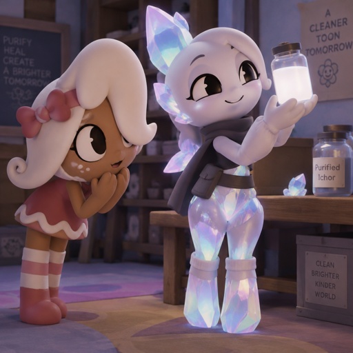Ginger from Dandy’s world watching my dandy’s world Oc and summer main Crafter the Opalite shard who happens to be Gingers love showing her white Ichor aka Purified Ichor and Ginger notices that her legs and hips and waist are Opalite and the tops of her socks have Opalite crystals on them but she doesn’t mind 