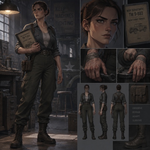 Full body, with variations of a Woman, practical clothes, hair tied for a board. Tablet with a 1945 manual or a cuff-sized coil. Precise face, moral without being soft. Hands that can kill a shield and retune it. Kinship is not in the costume. Fortiche painted, real cloth, sodium or workshop light.